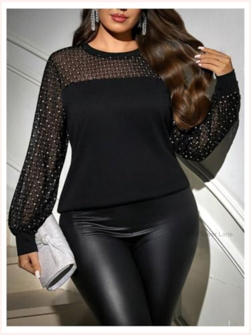 Plus Size Sequin Mesh Patchwork Long Sleeve Blouse Tops View 4